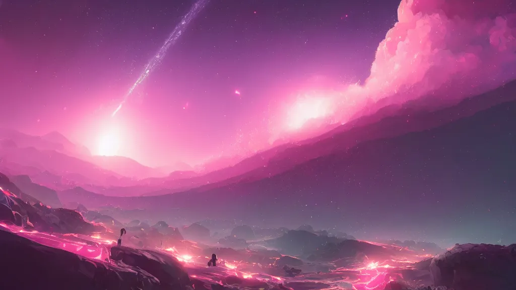 Image similar to large glowing pink meteor shower crashing down on earth, waves of energy, by sylvain sarrailh, rossdraws, ambient light, ultra detailed, fantasy artwork, 8 k, volumetric lighting, trending on artstation, award winning, very beautiful.