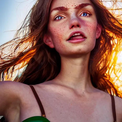 Image similar to portrait of a cute thin young woman, bronze brown hair, eye color is emerald green, red blush, cute freckles, smug smile, modern clothes, relaxing on the beach, golden hour, close up shot, 8 k, art by irakli nadar, hyperrealism, hyperdetailed, ultra realistic