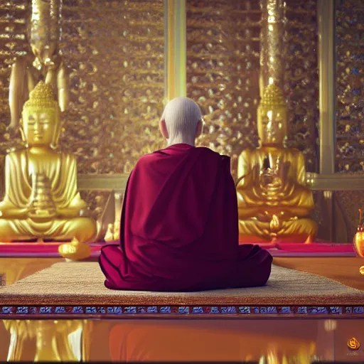 Prompt: a high detail shot of Donald Trump meditating in a Buddhist Temple, render, cgsociety, photorealism