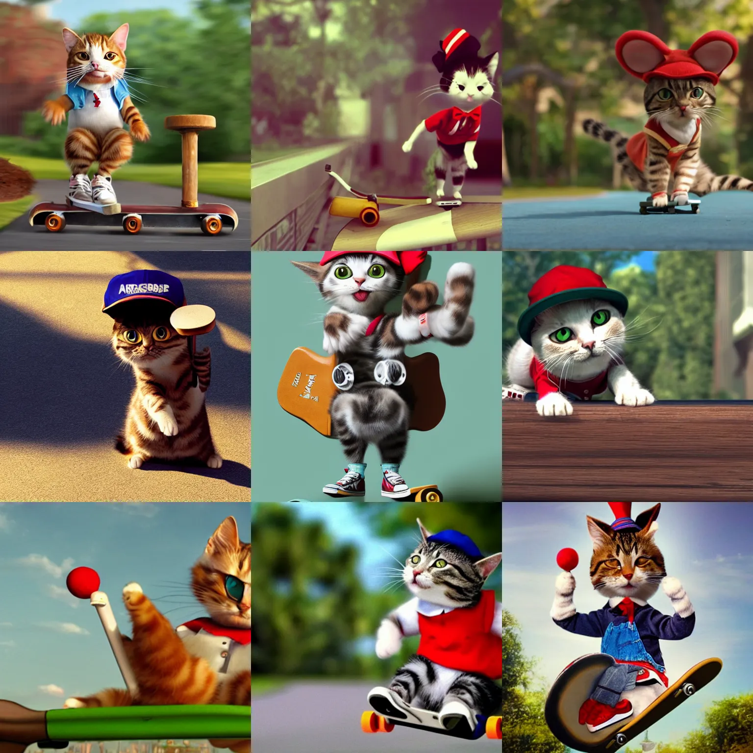 Prompt: cute and funny, a cat standing on its back legs, wearing high top sneakers and a baseball cap, riding a skateboard, a still photo from'alice in wonderland ( 2 0 1 0 ), trending at artstation, award winning