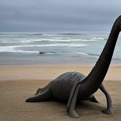 Prompt: a diplodocus in a beach with a text that says Diplodocus envios