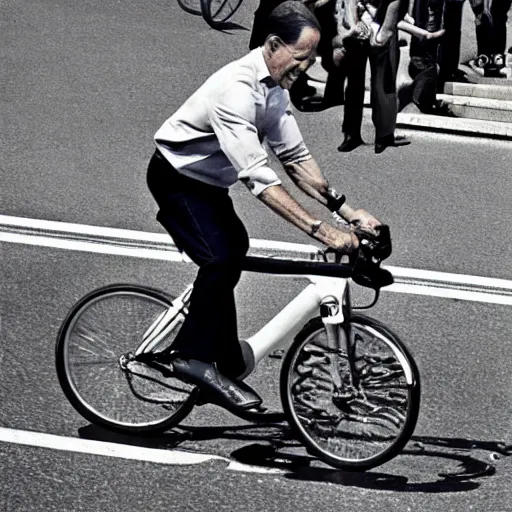 Image similar to ultra realistic photo of joe biden falling off of his bike, film, perfect face, in the style of a candid photo