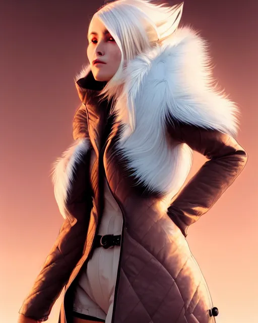 Image similar to dragon hunter wearing a fur - lined dragonhide jacket!!! beautiful and gorgeous elegant white long haired female!! symmetry, character concept art, sharp focus, illustration, art by artgerm! greg rutkowski magali villeneuve wlop! ilya kuvshinov!! charlie bowater! octane render, unreal engine 5! highly rendered!!