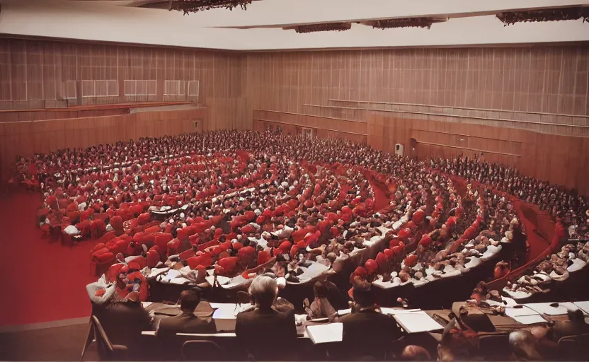 Image similar to 60s movie still of a CCCP congress in a stanilist style parlement, by Irving Penn , cinestill 800t 35mm eastmancolor, heavy grainy picture, very detailed, high quality, 4k, HD criterion, precise texture