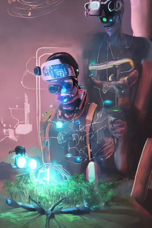 Image similar to a black kid playing with a futuristic robot in the nature, mixing solarpunk, afropunk, cyberpunk, ( ( ( ( volumetric light ) ) ) ), high angle, part by pearl fryar, part by prince damah, sunny day, trending on artstation, cinematic view, illustration, painting.