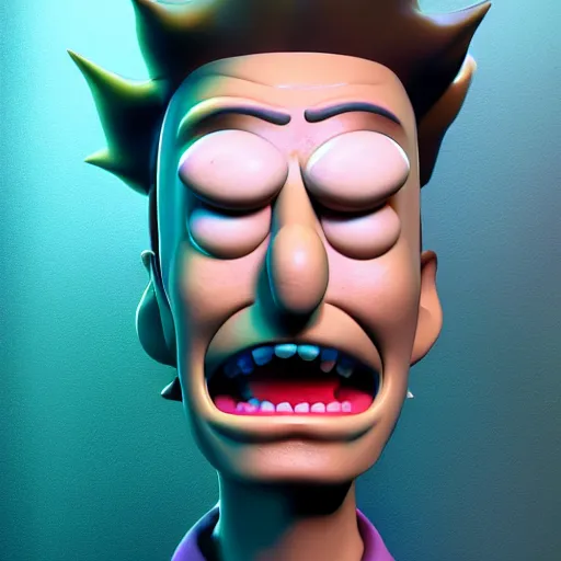 Image similar to rick from rick and morty 3 d render photorealistic unreal facial details clay soft light engine photorealistic ultra - realistic highly detailed focus photography lighting digital painting hd adultswim by kyle lambert