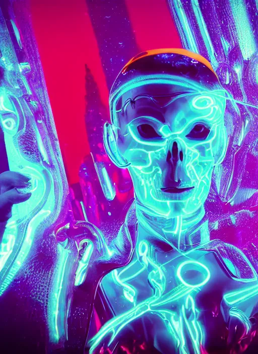 Image similar to photo of fullbodied baroque and cyberpunk and tron delicate neon diamond sculpture of seductive bright albino marble prince tyson ballou dotado mint iridescent humanoid deity wearing red plastic hoody holding molten skull in a laser alien dungeon, reclining, glowing magenta face, crown of white diamonds, cinematic lighting, photorealistic, octane render 8 k depth of field 3 d