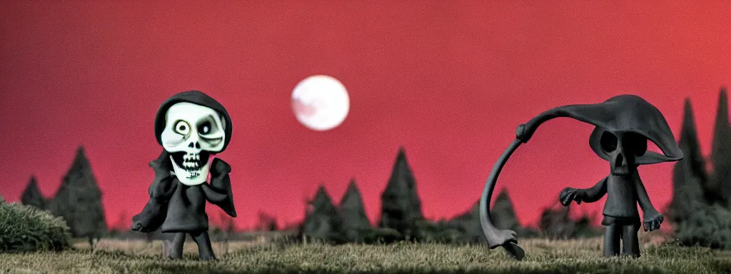 Image similar to Grim reaper in a park at night with a large blood moon in the distance, wide shot, claymation, by tim burton