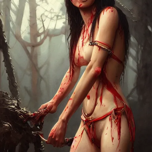 Image similar to portrait painting of a bloodied nepali female butcher wearing bikini, ultra realistic, concept art, intricate details, eerie, highly detailed, photorealistic, octane render, 8 k, unreal engine. art by artgerm and greg rutkowski and alphonse mucha