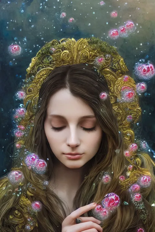 Image similar to elaborately detailed close up portrait of an extremely beautiful girl with long dark hair surrounded by flowers, an eerie mist and ethereal rainbow bubbles, Aetherpunk, high fantasy professionally painted digital art painting, fantasy matte painting movie poster, Art Nouveau, smooth, sharp focus, atmospheric lighting, highly detailed illustration highlights, backlight, golden ratio, 8K detail post-processing, symmetrical facial features, rich deep moody colors, majestic, dark epic fantasy, award winning picture, sense of awe, featured on DeviantArt, trending on cgsociety