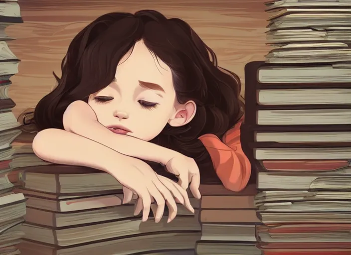 Image similar to a little girl with short wavy curly light brown hair is asleep in pile of books. clean cel shaded vector art. shutterstock. behance hd by lois van baarle, artgerm, helen huang, by makoto shinkai and ilya kuvshinov, rossdraws, illustration, art by ilya kuvshinov