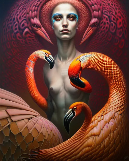 Image similar to a detailed portrait of dreampunk flamingo python hybrid mix by tomasz alen kopera and peter mohrbacher