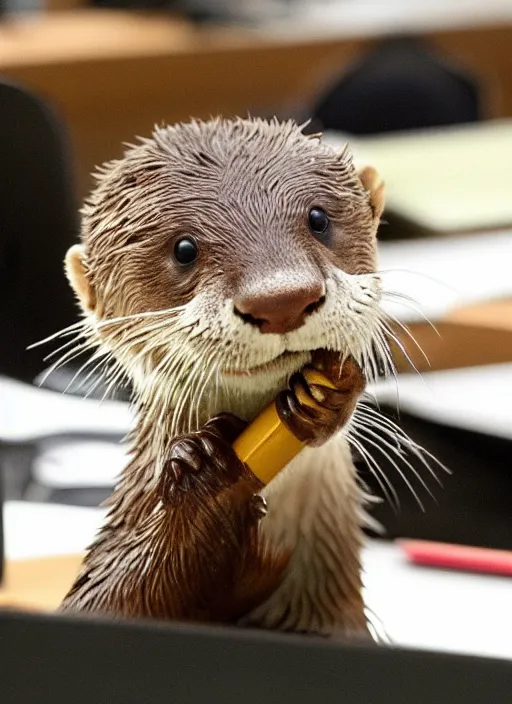 Image similar to cute otter holding a pencil at a desk