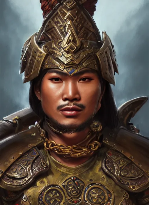 Image similar to smart tai warlord, closeup portrait, historical, ethnic group, sukhothai costume, bronze headset, fantasy, intricate, with leather armor cross on bare chest, tai body tattoo, elegant, loin cloth, highly detailed, oil painting, artstation, concept art, matte, sharp focus, illustration, hearthstone, art by earl norem