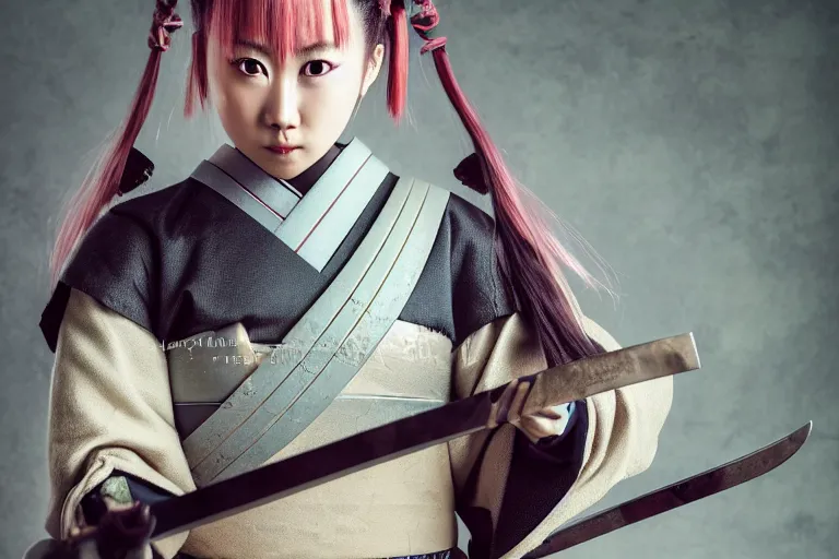 Image similar to beautiful photo of a young female samurai, practising sword stances, symmetrical face, beautiful eyes, huge oversized anime style sword, highly detailed, 8 k, award winning photo, muted pastels, action photography, 1 / 1 2 5 shutter speed, dramatic lighting