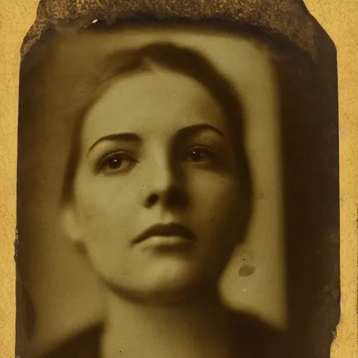 Prompt: antique photograph of a beautiful woman, cracked and faded photo paper, staring at the camera, headshot, dark background, 1 8 5 0, low light, dark, monsters in the background, 4 k, artstation octane render