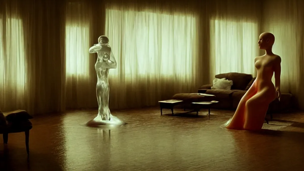 Image similar to a woman made of wax and water floats through the living room, film still from the movie directed by Denis Villeneuve with art direction by Salvador Dalí, wide lens