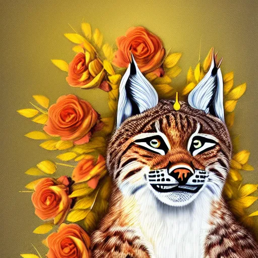 Prompt: lynx wearing a crown made out of roses and golden leaves, a majestic crown, an expressive digital painting, high quality art,