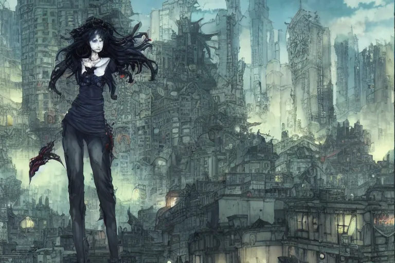 Image similar to goth woman in front of city, color page, tankoban, 4 k, tone mapping, akihiko yoshida, james jean andrei riabovitchev marc simonetti, yoshitaka amano, long hair, curly, h. hydrochaeri