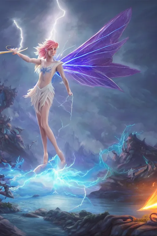 Image similar to legendary fairy prince casting a lightning spell,, lightning energy, blue energy, highly detailed, d & d, fantasy, highly detailed, digital painting, trending on artstation, concept art, sharp focus, illustration, global illumination, ray tracing, realistic shaded, art by artgerm and greg rutkowski and fuji choko and viktoria gavrilenko and hoang lap