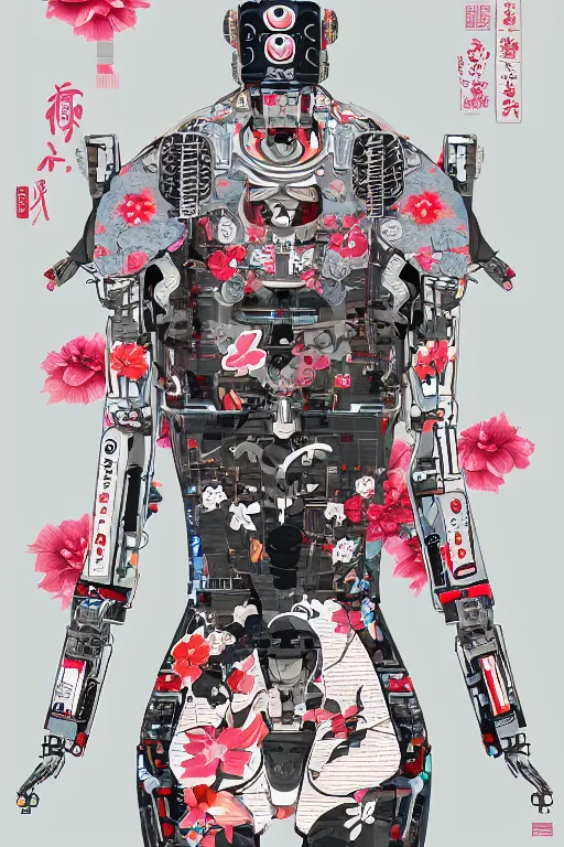 Prompt: full body portrait of a Japanese robot geisha with kanji tattoos and decals wearing a digital pixelated kimono, intricate design, photorealistic, ultra fine detailed, character design, trending on artstation