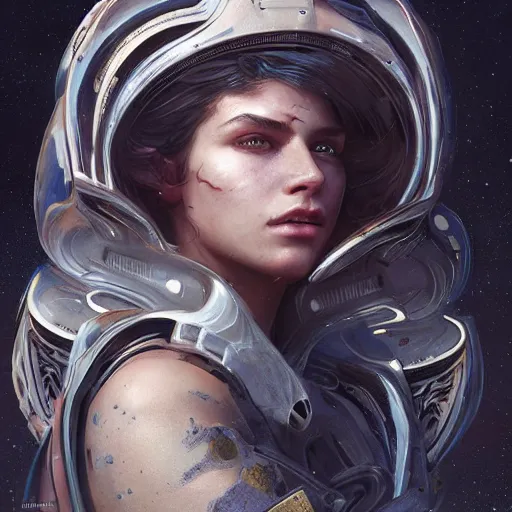 Image similar to portrait painting of a futuristic rugged female rebel, alien world, colonisation, ultra realistic, concept art, intricate details, eerie, highly detailed, photorealistic, octane render, 8 k, unreal engine. art by artgerm and greg rutkowski and alphonse mucha