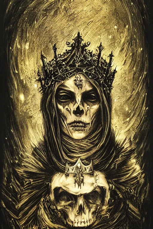 Image similar to Portrait of the Prince of Entropy wearing a crown, high fantasy, gothic, black paper, dark atmosphere, skulls, detailed, cinematic, ornate, tarot card, highly detailed, ink illustration, Guy Denning, Anato Finnstark, golden ratio, 8k,