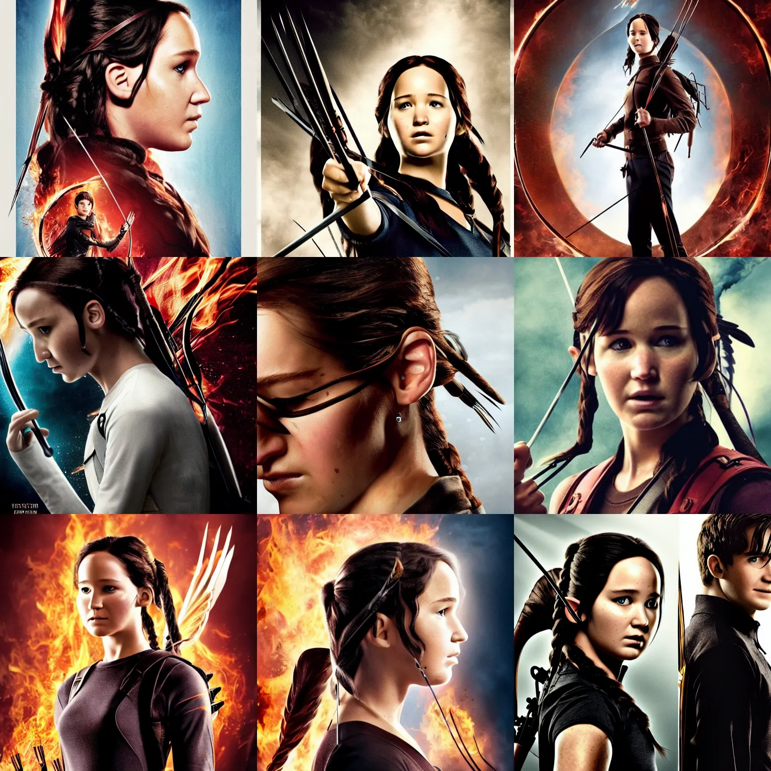 Prompt: side view of ( ( ( ( ( katniss everdeen ) ) ) ) ) facing harry potter, fantasy movie poster