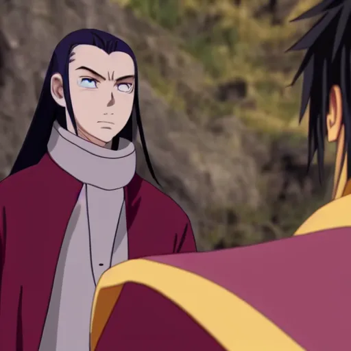 Image similar to elrond tells naruto he is his father, ultra realistic, uhd, 8 k, cinematic, golden hour, beautiful