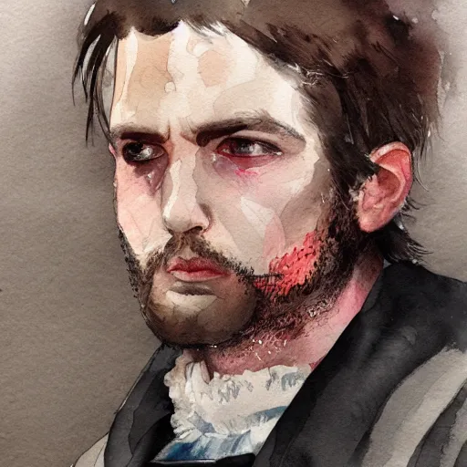 Image similar to Portrait of a handsome man with mutton chops, pale face, run down, sleepy, baggy eyes, watercolor, brushstrokes, high detail, artstation