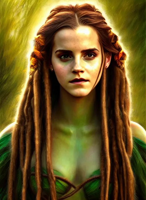 Image similar to redskin emma watson as druidess, long dreadlocks, brown and green cloth, shiny background, intricate, elegant, highly detailed, digital painting, artstation, concept art, smooth, sharp focus, illustration, artgerm, bouguereau