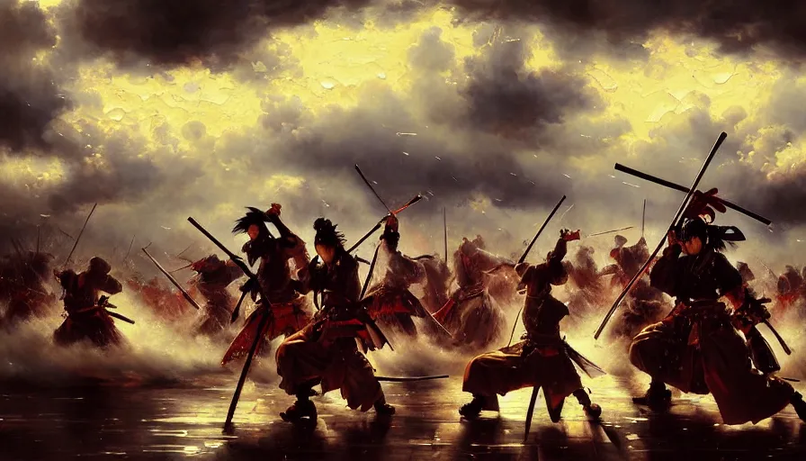 Image similar to baroque oil painting of key visual great samurai war, many warriors, rain, storm, final fantasy, fake detail, trending pixiv fanbox, acrylic palette knife, style of makoto shinkai takashi takeuchi yoshiyuki sadamoto greg rutkowski chiho aoshima