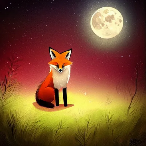 Prompt: “a fox sitting in the woods, looking up at the night sky. The moon shines brightly. digital art, painting, highly detailed”