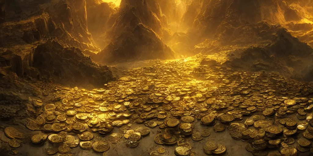 Prompt: epic cinematic background for a movie about ancient gold, dynamic light, mountains of metallic gold coins, cinematic, cinematic light ,detailed, dark, ancient, moody, dramatic atmosphere, artstation, beautiful, intricate details, interesting shot, digital painting,