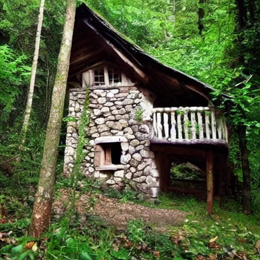 Image similar to in deep forest in france antic farytale story little cabin made by stones many ages secret