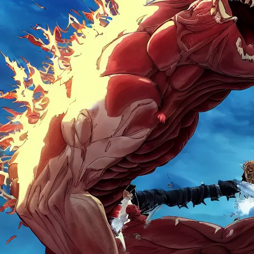 Prompt: joe biden, as the colossal titan, kicking a florida mansion, attack on titan, anime key visual, wit studio official media, huge smashed mansion, smoke and rubble