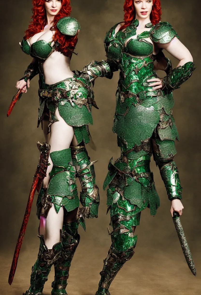 Image similar to full body photo of christina hendricks as a warrior with emerald encrusted armour