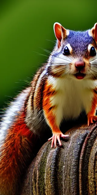 Prompt: a dlsr canon shot of a cute colored furry chipmunk with rainbow fur full body, centralized, no distortion, colored fur, intense colors, hdr, photorealistic, ultrareal, zeiss lens, depth of field