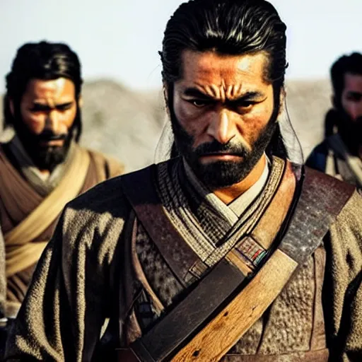 Image similar to handsome and strong! kurdish! samurai in a movie directed by christopher nolan, movie still frame, promotional image, imax 7 0 mm footage, perfect symmetrical facial features