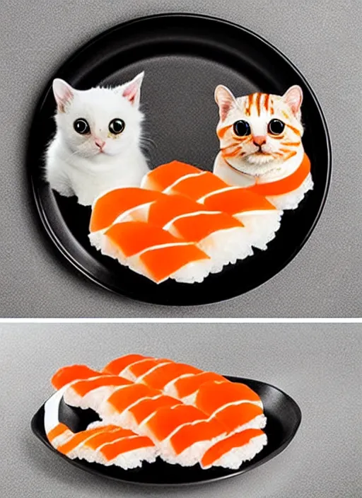 Image similar to clear photorealistic picture of adorable cats made out of sushi, sitting on sushi plates, additional sushi