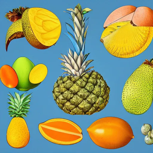 Image similar to botanical illustration of several tropical fruits