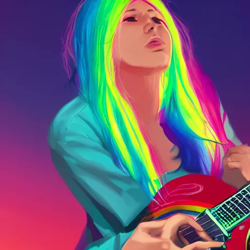 Prompt: woman with rainbow coloured hair playing guitar at the edge of reality, concept art, high quality, moody, colourful