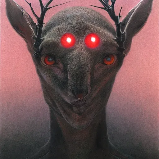 Image similar to portrait of a dik dik with red glowing eyes in hood and crown of thorns, dark fantasy, Warhammer, artstation painted by Zdislav Beksinski and Wayne Barlowe