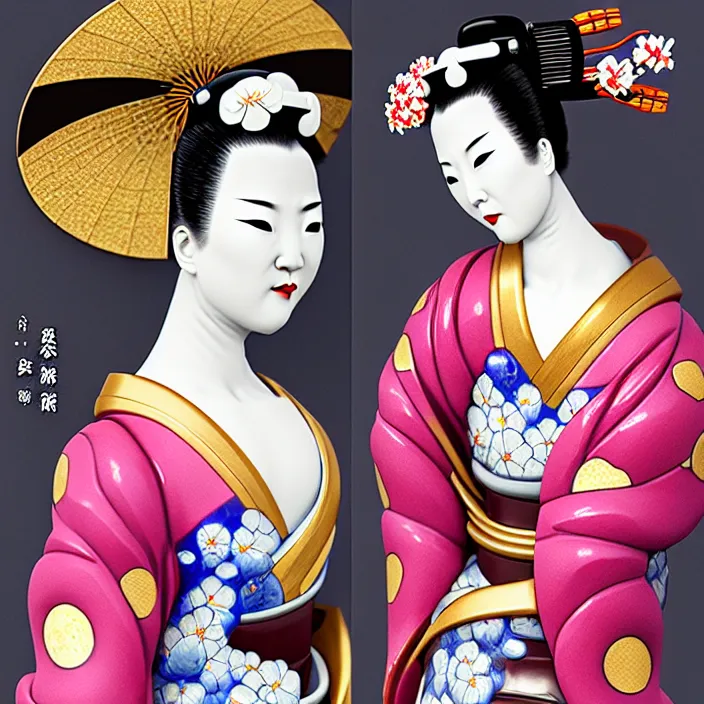 Image similar to ceramic cyborg geisha, ceramic armor with Kakiemon design with plums and stylized flowers in glaze and gilding, diffuse lighting, fantasy, intricate, elegant, highly detailed, lifelike, photorealistic, digital painting, artstation, illustration, concept art, smooth, sharp focus, art by John Collier and Albert Aublet and Krenz Cushart and Artem Demura and Alphonse Mucha