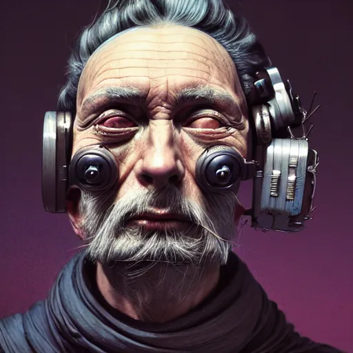 Prompt: Colour Caravaggio style Photography of 1000 years old man with highly detailed 1000 years old face wearing higly detailed cyberpunk VR Headset designed by Josan Gonzalez Many details. . In style of Josan Gonzalez and Mike Winkelmann andgreg rutkowski and alphonse muchaand Caspar David Friedrich and Stephen Hickman and James Gurney and Hiromasa Ogura. Rendered in Blender