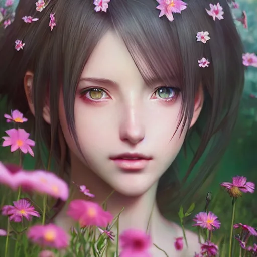 Image similar to aerith from final fantasy 7 by tom bagshaw, sitting in a flower field by ilya kuvshinov, rtx reflections, maya, extreme high intricate hyperrealistic details by wlop, digital anime art by ross tran, medium shot, composition by sana takeda, dramatic lighting by greg rutkowski