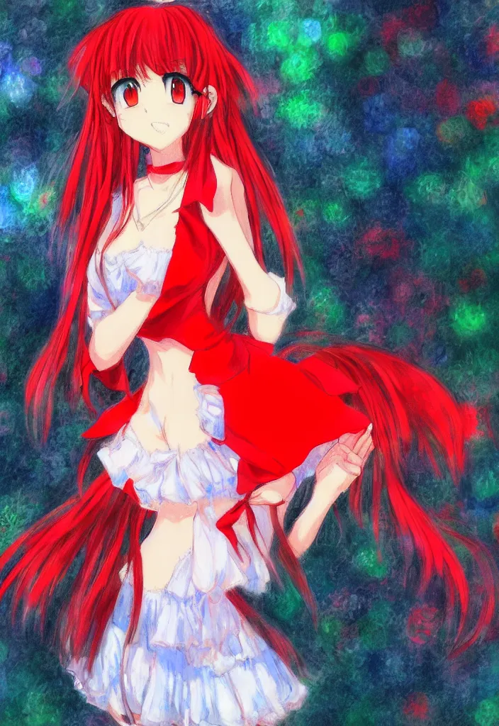 Image similar to medium shot portrait, a cute red outfit, tokyo anime scener, very anime in impressionist style, anime trending artwork, anime painter studio, by claude monet