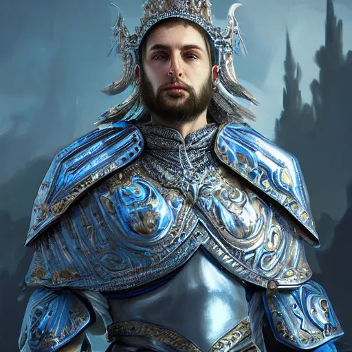 Image similar to concept art, full body portrait of king sorcerers, ornate, blue and silver, armor, robes, hyperrealistic, 4 k, unreal engine, highly detailed, dramatic lighting, beautiful