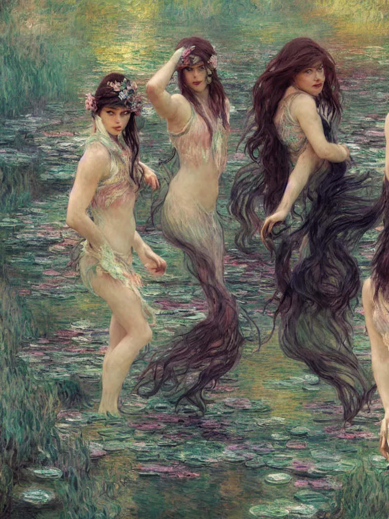 Image similar to illustration studio portrait of three dark beautiful mermaids female energy in artistic poses in the river at the forest, monet painterly motives and textures pattern, hyper detailed, octane render, vivid colors, artstation, by jeremy mann, by alphonse mucha, by monet