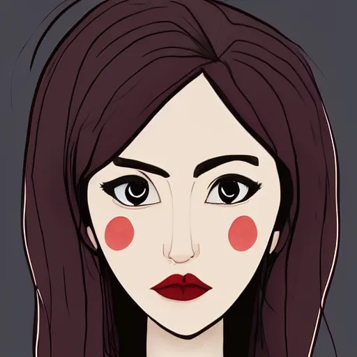 Prompt: a cartoon illustration portrait of a beautiful cute girl with wavy black red hair, a pointy nose and, round chin black eyeliner, trending on artstation